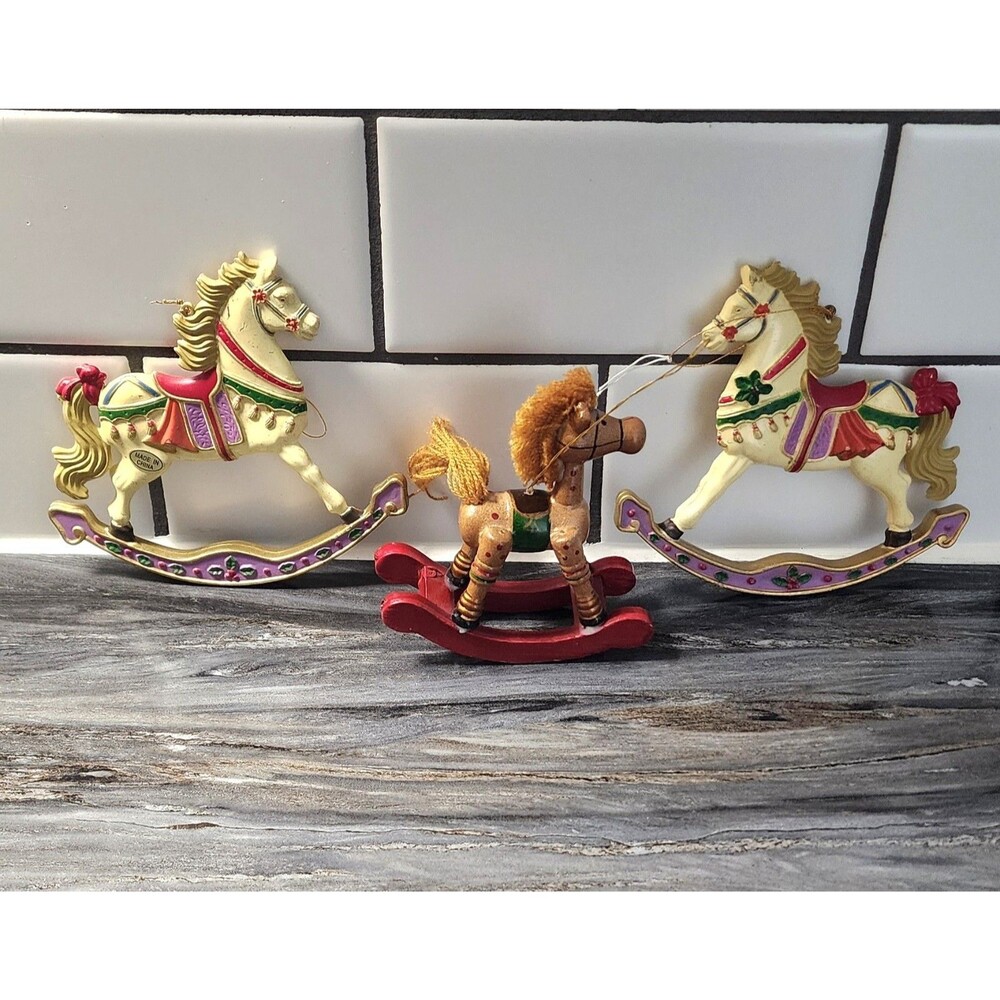Vtg Rocking Horse Christmas Ornaments Lot 3 Wooden Wood Plastic Carousel Pony